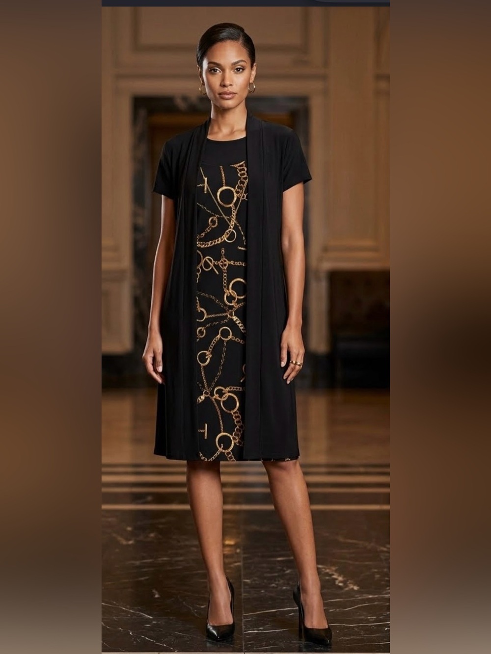 Enfocus Studio Black Midi Dress with Gold Chain Print